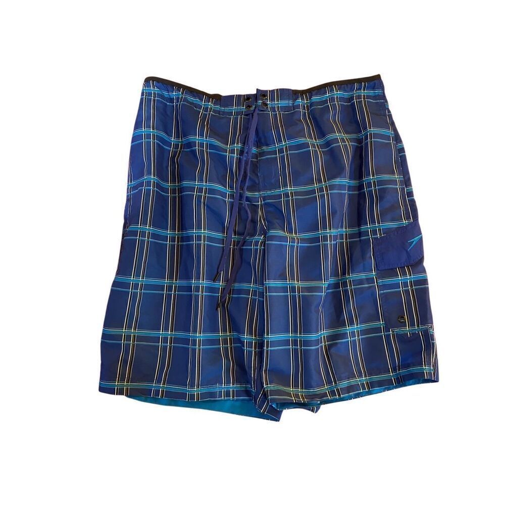 Speedo men’s swim trunks deep ocean blue plaid mesh lined board shorts S/XL